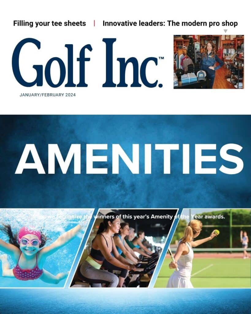 Cover of Golf Inc. magazine titled “Amenities,” with vibrant photos of leisure activities.