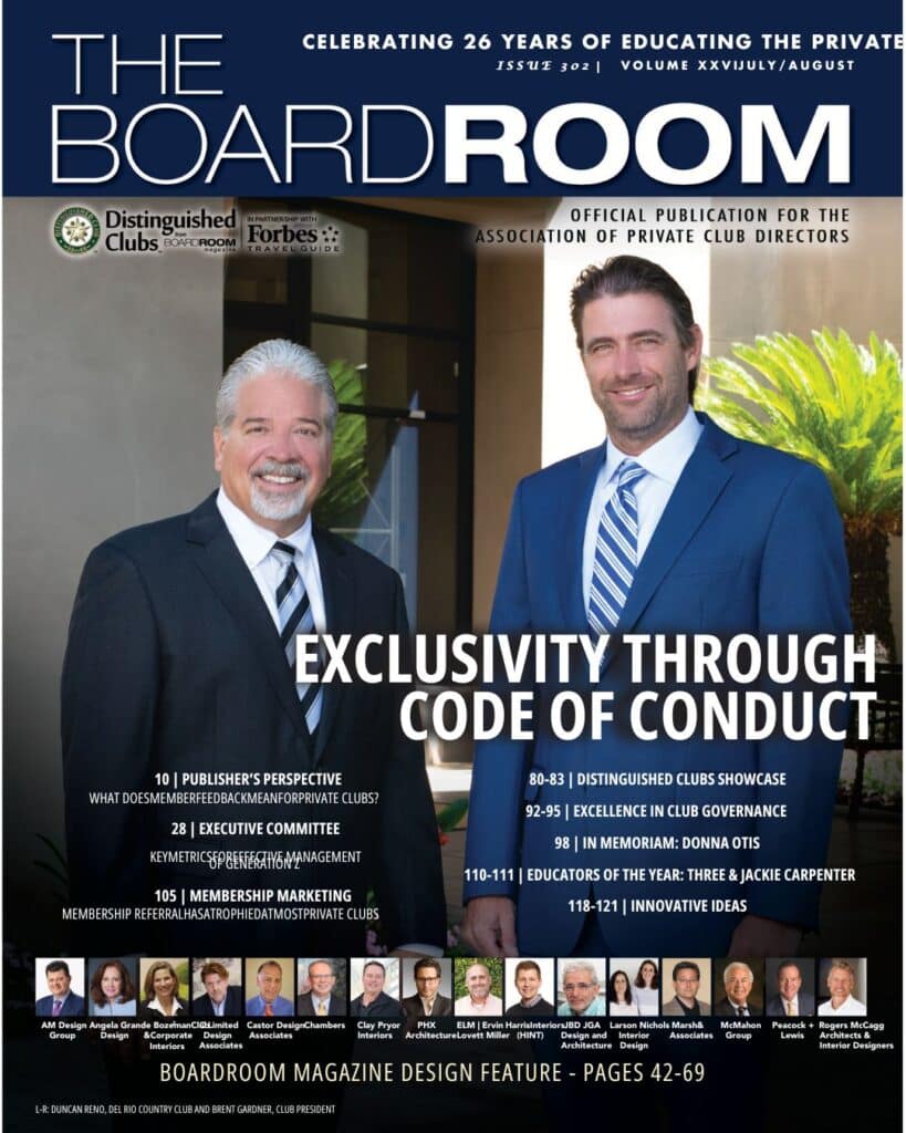 Cover of BoardRoom magazine with two executives under the headline “Exclusivity Through Code of Conduct.”