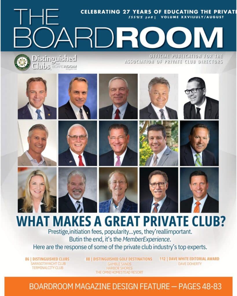 Cover of BoardRoom magazine featuring portraits of club industry leaders under the headline “What Makes a Great Private Club?”