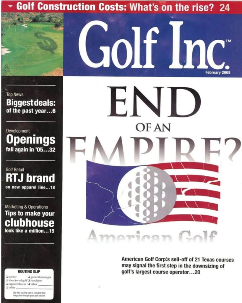 Cover of Golf Inc. magazine with headline “End of an Empire?” featuring American Golf and U.S. flag imagery.
