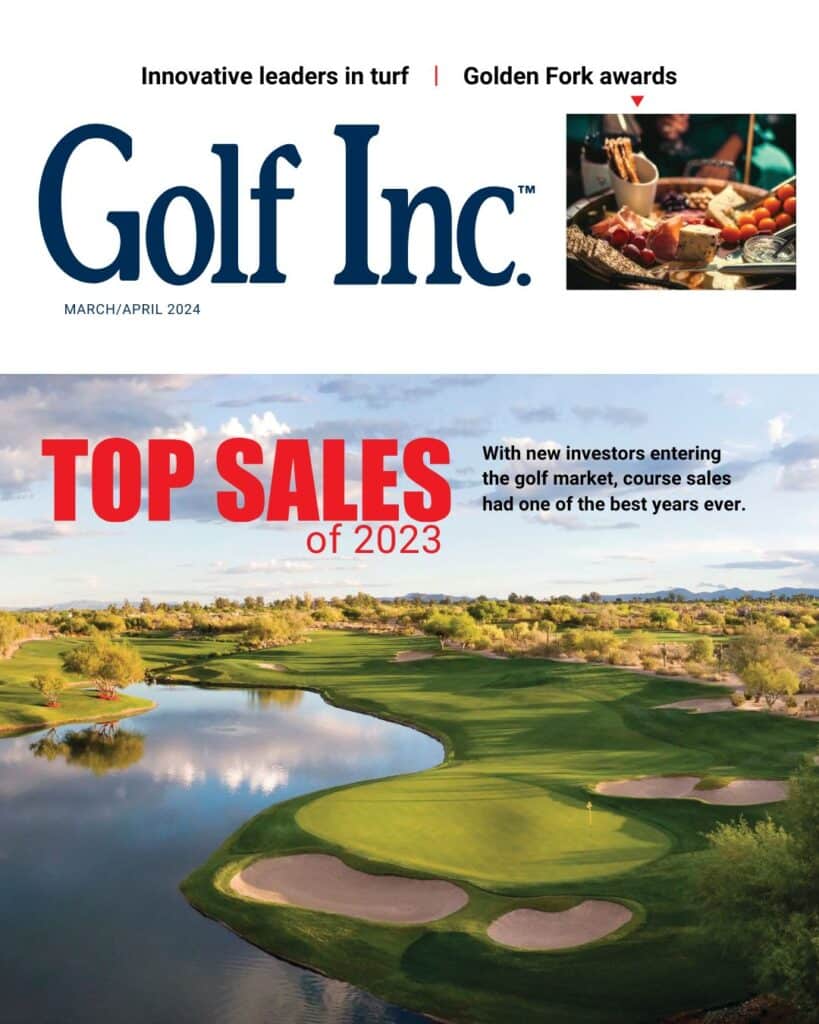 Golf Inc. magazine issue about top sales of 2023, featuring aerial view of a golf course
