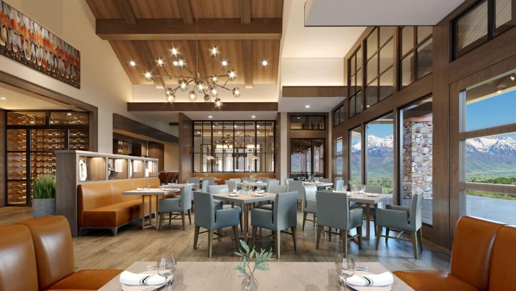 Dining space with neutral tones and circular chandelier.