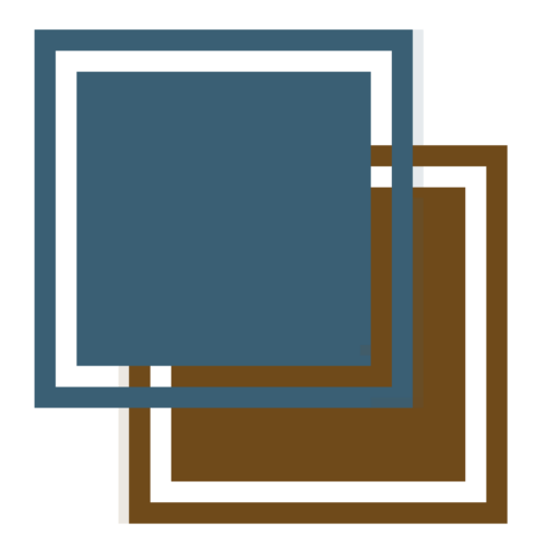 Graphic design of overlapping squares in blue and brown.
